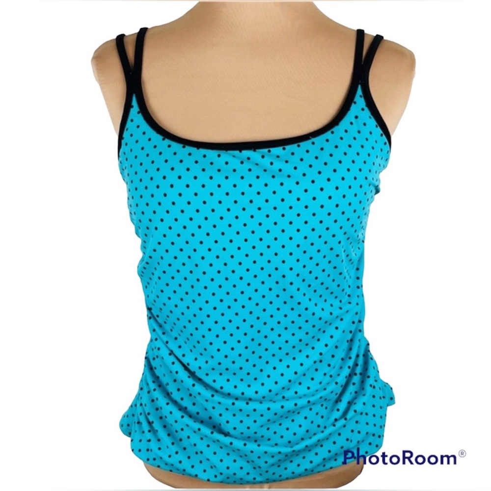 Trim Shaper Tankini Top in Aqua with Black Polka Dots| Size: 16